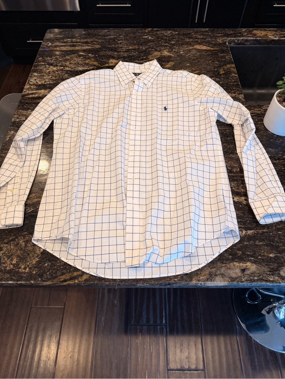 Ralph Lauren White Dress Shirt with Blue Windowpane Mens M 15 1/2